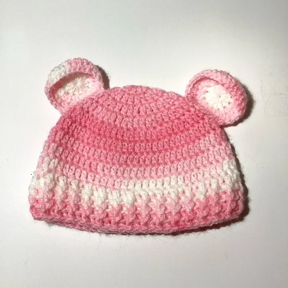 HANDMADE BABY BEAR BEANIE HAT CROCHET GIRL BEANIE HAT(0-12mos) - Picture 3 of 4